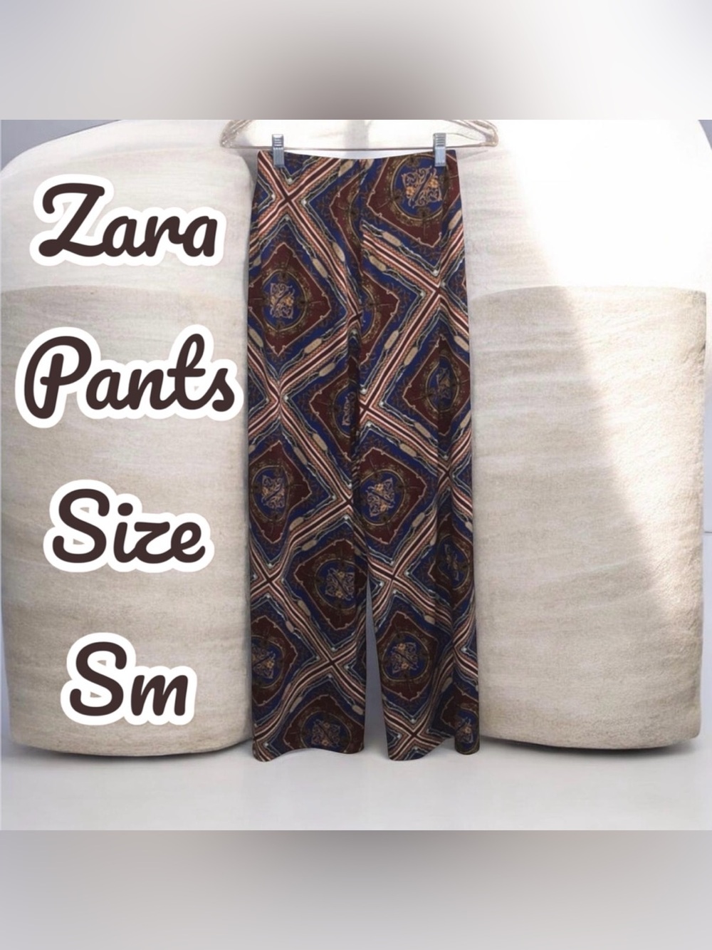 Zara Circular Paisley/Keys Print Wide Leg Pants With Fitted Elastic High Waist